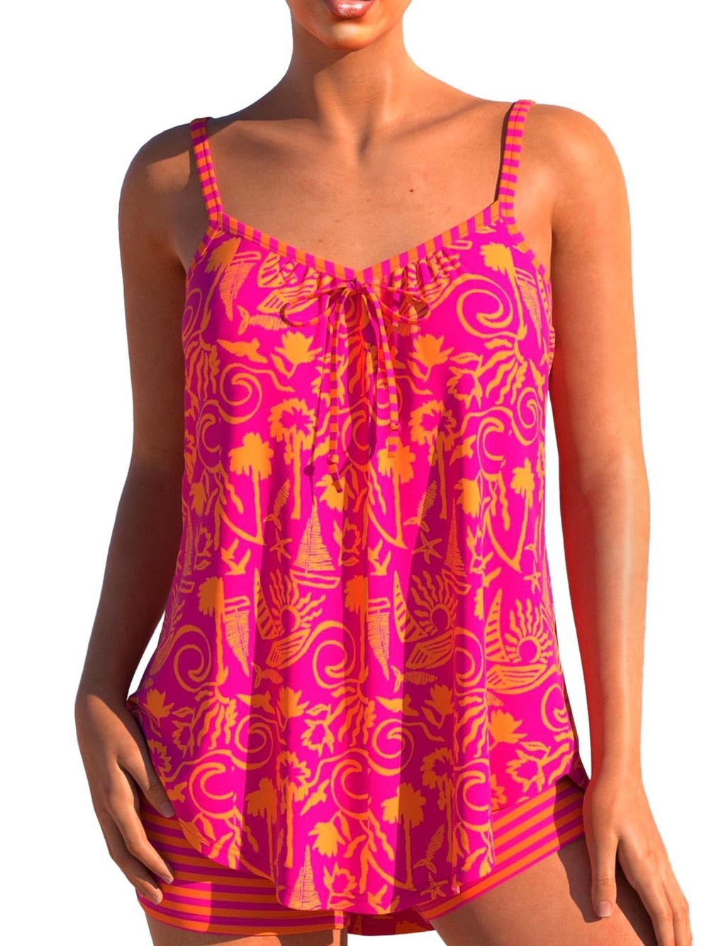 MODLILY Two Piece Tankini Swimsuit Women’s Size L Floral Striped Boy Shorts